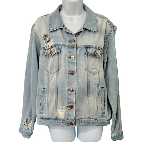 Forever 21 Blue Denim Pink Orange Floral Embroidered Distressed Jean Jacket sz M - Picture 4 of 11